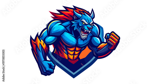 Dynamic esports mascot logo featuring a fierce and powerful blue mythical beast with fiery mane, sharp shapes, and bold lines, embodying aggressive strength for gaming teams