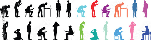 Set of human silhouette figures in various elderly and walking with cane poses with solid fill shapes, minimal flat vector collection