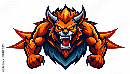 Dynamic and fierce mythical beast mascot logo, a powerful creature emblem with fiery mane and aggressive stance, ideal for esports, gaming, or strong brand identity