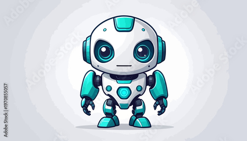 Cute little robot character with big blue eyes, futuristic design, and smooth geometric shapes in a friendly cartoon style