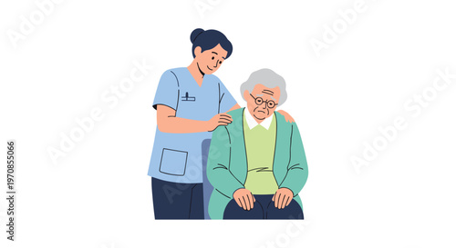 A compassionate nurse in blue scrubs gently comforts a sad elderly woman with grey hair and round glasses, who is seated against a plain white background.