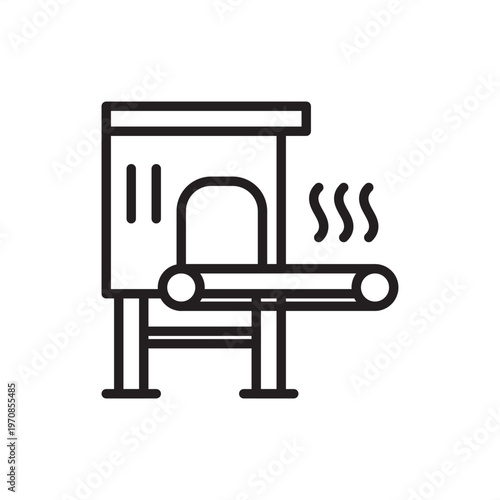 Conveyor oven icon symbolizing industrial baking, representing automated heating hardware, tunnel oven tools, motorized cooking gear, thermal processing systems, and food manufacturing logistics.