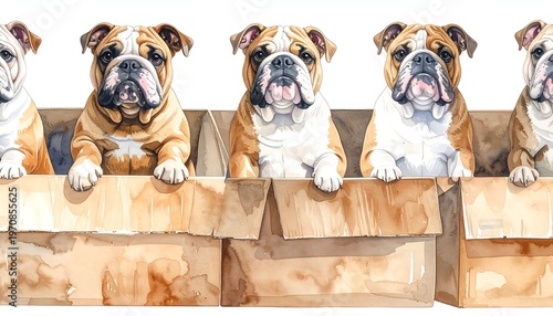 A row of adorable bulldogs peeking over a wooden fence