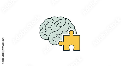 A light blue, stylized human brain with visible sulci and gyri is positioned on a plain white background, with a single yellow jigsaw puzzle piece detached to its lower right.