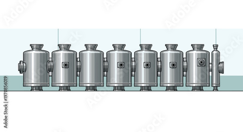 Eight identical silver industrial tanks are arranged in a horizontal row against a light blue and white background.