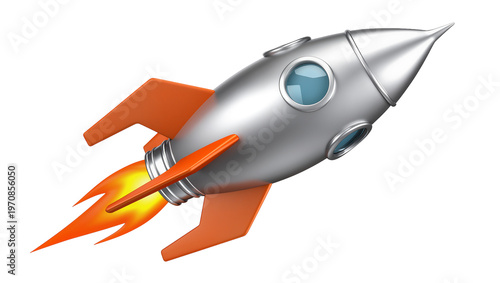 Metallic silver rocketship with orange fins, displaying blue window detail