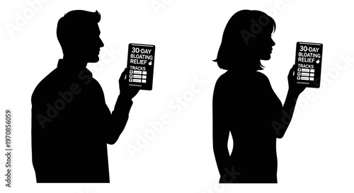 Two silhouettes holding smartphones and a tablet in a comparison pose Vector, illustration