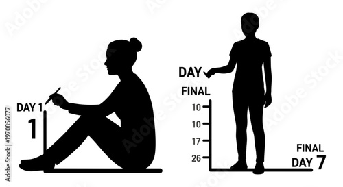 Progress illustration showing physical transformation over seven days of exercise routine Vector, illustration