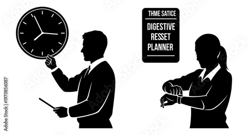 Business professionals discussing digestive reset planning with a clock Vector, illustration