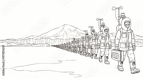 Line of scientists or explorers trekking across a vast, icy arctic landscape with mountains in the background, carrying equipment for research and discovery.
