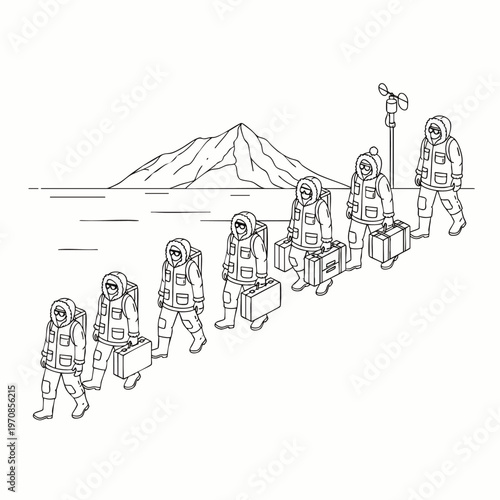 Progressive illustration of an arctic research expedition team in winter clothing, carrying increasing luggage and scientific equipment across a frozen landscape with mountains.