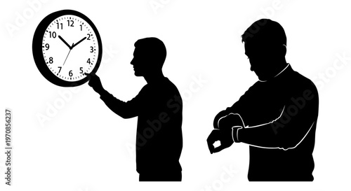 Two men checking time using different devices in contrasting ways Vector, illustration
