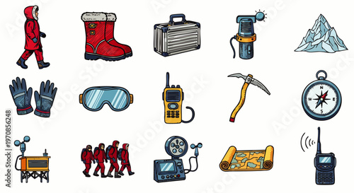 Arctic Expedition Gear Icons: Winter Clothing, Navigation Tools, and Survival Equipment for Extreme Cold Adventures