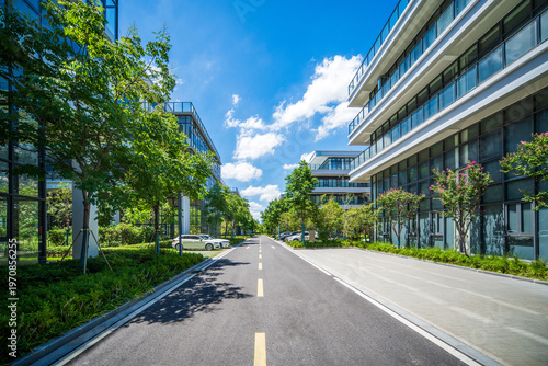 Bright and Inviting Urban Street Scene Surrounded by Modern Architecture and Lush Greenery