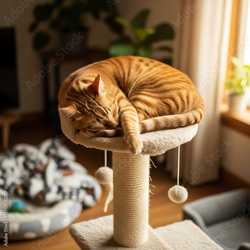 A peaceful orange tabby cat sleeping curled up on a cozy cat tree perch in a sunlit living room