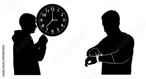 Contrast between traditional and modern timekeeping methods through silhouettes. Vector, illustration