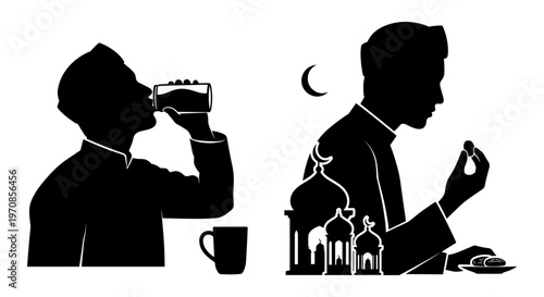 Two silhouettes enjoying a meal under the moonlight with a cityscape view Vector, illustration