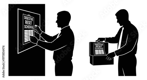 Two professionals handling a large interactive display and a server unit Vector, illustration