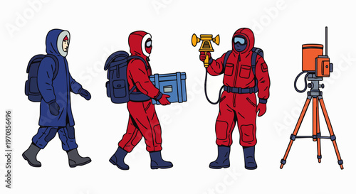 Arctic researchers in protective gear carrying equipment and communication devices on a white background