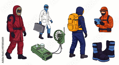 Scientists in protective suits and equipment for hazardous environment research and exploration