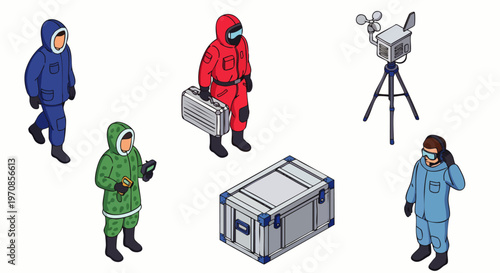 Isometric vector illustration of scientists and explorers in arctic gear conducting research in extreme cold environments with weather monitoring equipment and supplies.