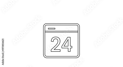 Calendar Icon with Number 24, Simple Line Art, Isolated on White Background