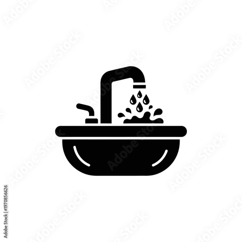 Minimalist Black and White Bathroom Sink Icon with Running Water