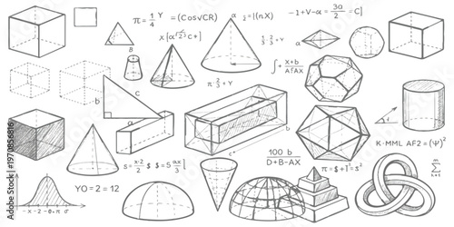 A detailed educational illustration showing various geometric shapes and mathematical formulas isolated on white background, Vector, illustration