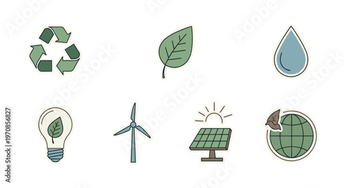 Eight distinct pastel-colored eco-friendly icons depicting various environmental symbols are arranged on a white background.