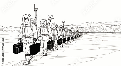 Determined line of individuals in arctic expedition gear carrying briefcases and scientific instruments across a vast, frozen landscape. Black and white illustration symbolizing a challenging journey