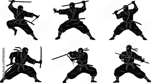Ninja warrior silhouettes in dynamic combat poses with swords showcasing martial arts skills stealth agility and traditional Japanese fighter action black and white illustration