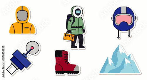 Adventure and exploration themed flat design sticker collection with astronauts, arctic explorers, winter gear, and science equipment icons.