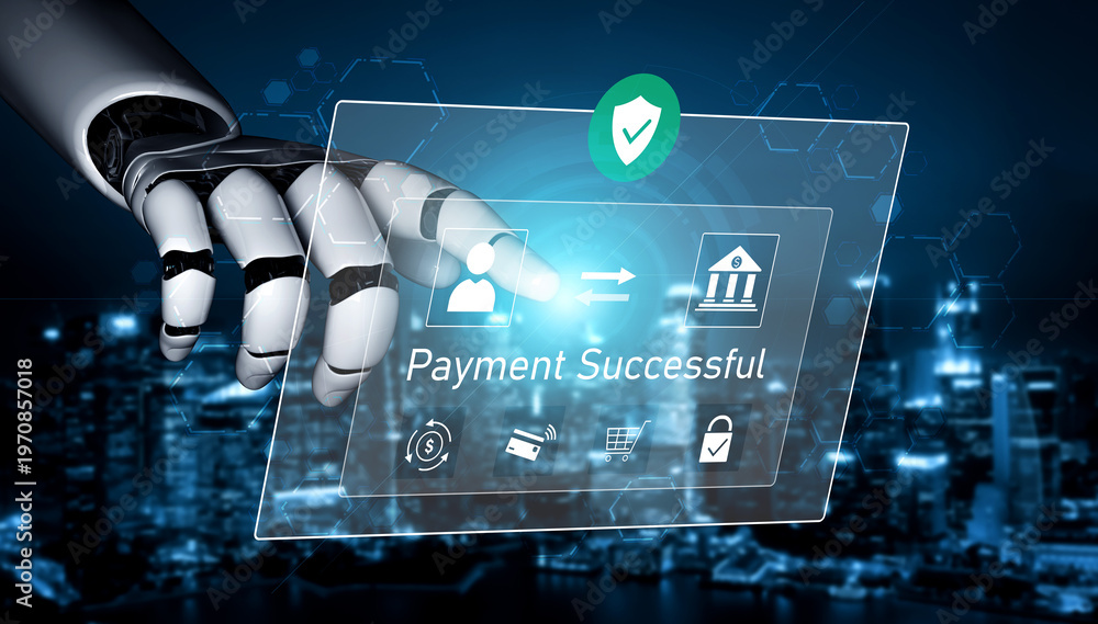 Obraz premium AI confirms secure payment transaction, verifying user identity, processing order, and authorizing completed digital payment within trusted financial systems. Vouch
