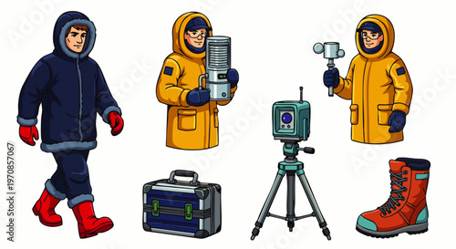 Scientist in winter gear with meteorological equipment for weather research and climate study
