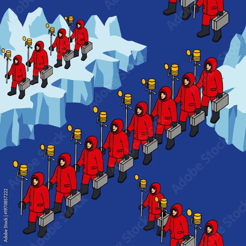 Scientists in red parkas with briefcases and scientific equipment on an icy landscape, isometric view