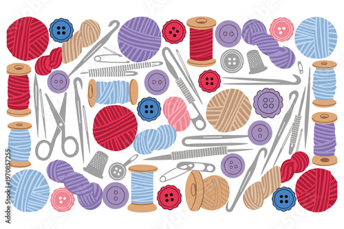Handcraft supplies collage with yarn balls and sewing tools.