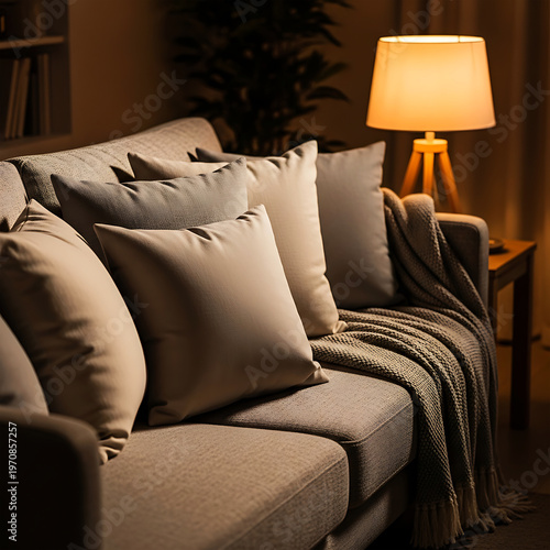 Cozy living room sofa with soft pillows and warm lamp lighting