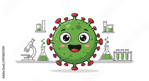A cheerful green cartoon virus with red spikes and an open-mouthed smile is positioned between two shelves displaying laboratory equipment.