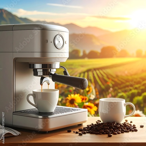 A serene coffee scene with a machine and cups