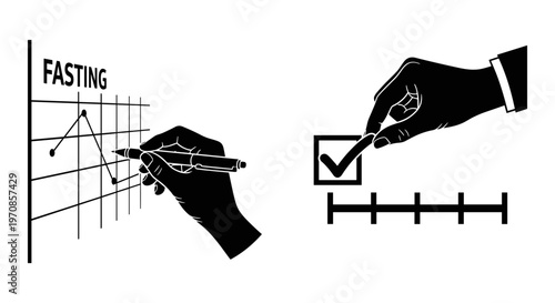 Hand illustrations demonstrating fastening and checking a completed task against a checklist. Vector, illustration