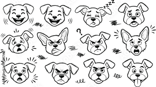 Dog face expressions set with different emotions happy angry sad sleepy surprised cartoon pet character vector illustration collection
