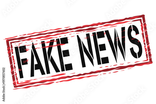 Fake news stamp vector illustration with black text and red grunge frame on white background.