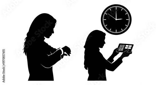 Two individuals engrossed in their smartphones while time passes in the background Vector, illustration