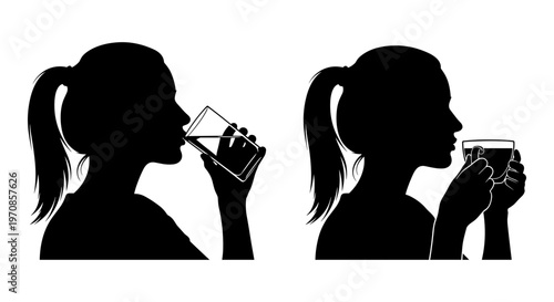 Two silhouettes drinking from different containers in contrasting styles Vector, illustration