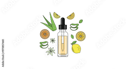 An illustrated dropper bottle filled with yellow liquid is surrounded by aloe vera, citrus slices, and flowers on a white background.