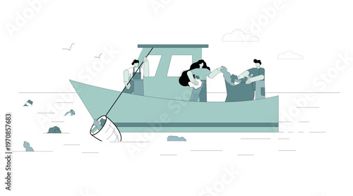 Marine garbage collection. Environmental disaster. Garbage in the sea. Volunteers cleaning up the garbage.eps