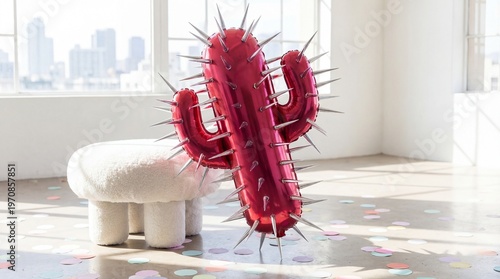 Surreal Pink Heart Shaped Cactus in Minimalist White Interior Room