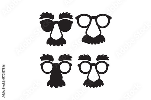 Four pairs of novelty glasses and mustaches in a black and white design