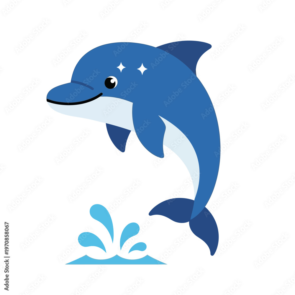 Obraz premium Blue cartoon dolphin jumping out water.