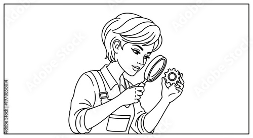 Woman inspecting gear with magnifying glass, illustration, engineering concept